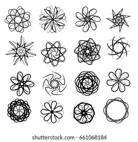 Set of round monochrome abstractions. Circle geometric spirograph isolated on white background. Decorative stamp of flowers. Vector design elements.
