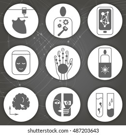 Set of round monochrome flat vector icons on the subject of life extension technologies, medicine in the future.