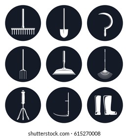 Set of Round Monochrome Icons Garden Equipments, Garden Rake and Spading Fork, Leaf Rake and a Sickle ,a Hoe and a Shovel,  a Scythe , Working Rubber Boots , Vector Illustration