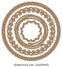 Set of round monochrome rope frames with loops and tassels. Vector image, isolated on white