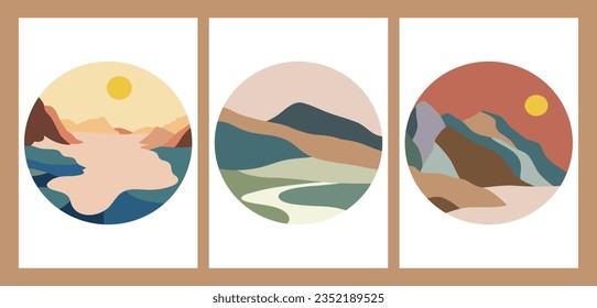 Set of Round Mountains logo. Round logo for stickers, poster logos, card. Minimalist style landscape illustrations of Mid century modern art with river, hills, wave