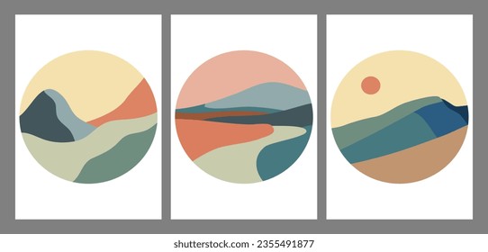 Set of Round Mountains logo. Round logo for stickers, poster logos, card. Minimalist style landscape illustrations of Mid century modern art with river, hills, wave. 