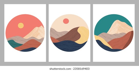Logo de Round Mountains. Logo redondo para pegatinas, logos de afiches, tarjeta. Escenarios de estilo minimalista de arte moderno de mediados de siglo con río, colinas, olas
