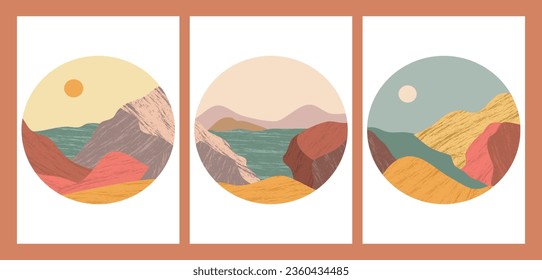 Set of Round Mountains logo. Round logo for stickers, poster logos, card. Minimalist style landscape illustrations of Mid century modern art with river, hills, wave