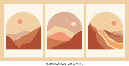 Set of Round Mountains logo. Round logo for stickers, poster logos, card. Minimalist style landscape illustrations of Mid century modern art with river, hills, wave