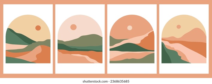 Set of Round Mountains logo. Round logo for stickers, poster logos, card. Minimalist style landscape illustrations of Mid century modern art with river, hills, wave