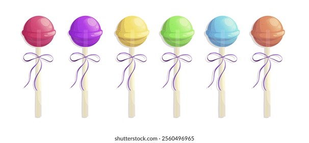 A set of round multicolored sweet lollipops. The concept of sweet dishes, desserts and confectionery. Vector illustration on a white background for a poster, banner, postcard, advertisement.