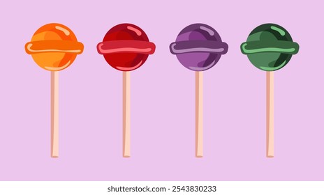 Set of round multicoloured sweet round lollipops isolated on white background. Sweet candies on a stick. Vector illustration.