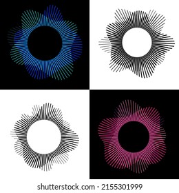 Set round musical sound spectrum with waves on black and white background. Radio signal, music waveform and soundwave spectrum, vibration power neon vector curves, sound volume