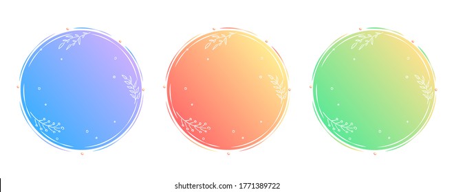 Set round nature banners with copy space. Blue orange green backdrop. Web vector template. Organic natural shape Light banner. Fresh color eco emblem blank. Bright flat circle with white twig branch.