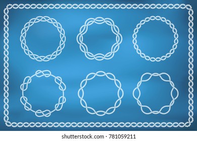 Set of round nautical rope borders in different knots and waves