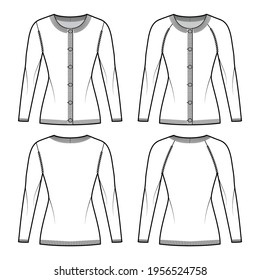 Set of Round neck cardigan technical fashion illustration with long raglan sleeves, fitted body, hip length, knit rib cuff. Flat apparel front, back, white color style. Women, men unisex CAD mockup