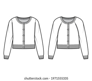 Set of Round neck cropped cardigan technical fashion illustration with long raglan sleeves, oversized, waist length, knit rib cuff. Flat apparel front, white color style. Women, men unisex CAD mockup