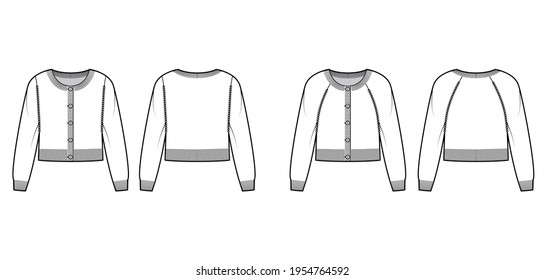 Set of Round neck cropped cardigans technical fashion illustration with long raglan sleeves, waist length, knit rib cuff. Flat apparel front, back, white color style. Women, men unisex CAD mockup