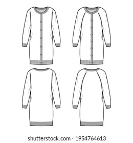 Set of Round neck dress cardigan technical fashion illustration with long raglan sleeves, oversized body, knee length, knit rib cuff. Flat apparel front, back, white color. Women men unisex CAD mockup
