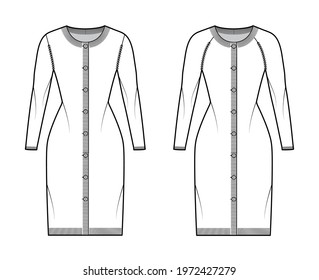 Set of Round neck dress cardigan technical fashion illustration with long raglan sleeves, fitted body, knee length, knit rib cuff. Flat apparel front, back, white color. Women men unisex CAD mockup