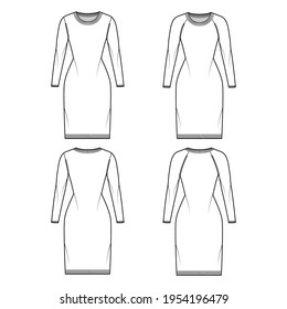 Set of Round neck dress Sweaters technical fashion illustration with long raglan sleeves, fitted body, knee length, knit rib trim. Flat jumper apparel front, back, white color. Women men unisex CAD