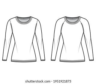 Set of Round neck Sweaters technical fashion illustration with long raglan sleeves, fitted body, hip length, knit rib trim. Flat jumper apparel front, white color style. Women men unisex CAD mockup