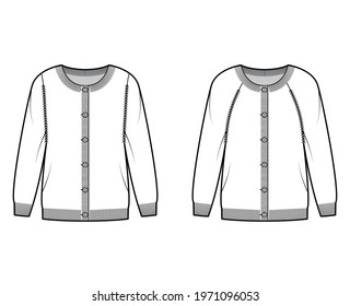 Set of Round neck Sweaters technical fashion illustration with long raglan sleeves, oversized, hip length, button closure. Flat jumper apparel front, white color style. Women, men unisex CAD mockup