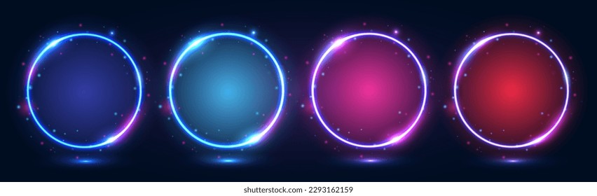 A set of round neon frames with shining effects, highlights on a dark background. Futuristic modern neon glowing banners. Vector EPS 10.