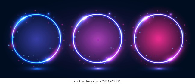 A set of round neon frames with shining effects and highlights on a dark background. Futuristic modern neon glowing banners. Vector illustration.