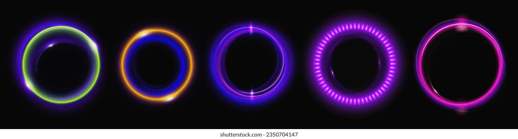 Set of round neon light flares isolated on black background. Vector realistic illustration of circular swirls glowing in darkness, halo effect, energy vortex, LED illumination, disco illumination