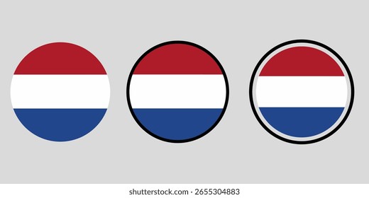 Conjunto de iconos de la bandera de los Países Bajos redondos con diferentes estilos de borde. Con diseño tricolor plano: rojo, blanco y azul. Perfecto para insignias, pegatinas, interfaz de usuario y temas internacionales.