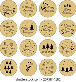 Conjunto de stickers de Año Nuevo y Navidad. Siluetas negras de imágenes festivas sobre un fondo beige. Plantilla vectorial de pegatinas para sobres de bienvenida y decoración