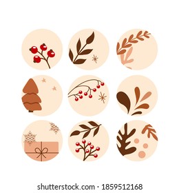 A set of round New Year's icons on the autumn and New Year's theme in warm terracotta colors.