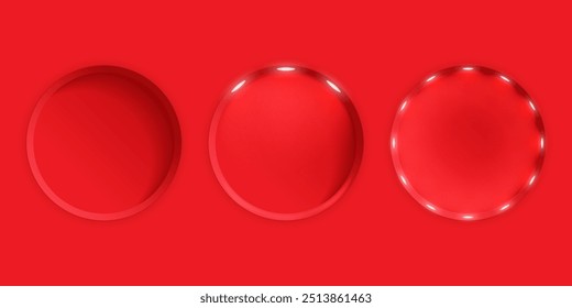 Conjunto de nichos redondos en una pared roja con iluminación. Ilustración vectorial.