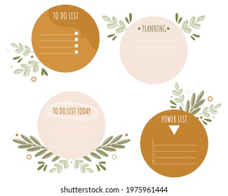 Set of round note papers with spring leaves elements. Collection of weekly or daily planner, to do list, stickers templates. Flat vector