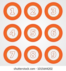 Set of round numeric buttons in orange. Set of white buttons with an orange outline. Vector elements.
