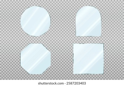 Set of round, octagonal, square and arched mirrors. Reflective glass plate. 3d vector illustration isolated on transparent background.