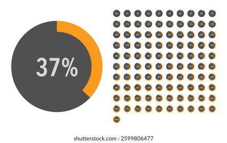 Set of round orange infographic pie charts, segment of circle icons 0% - 100%, simple flat design loading data interface elements app button ui ux web, vector isolated on white background