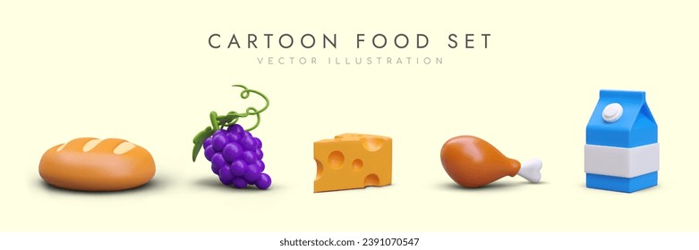 Set of round orange loaf, brunch of grape, chicken, pack of milk, and slice of cheese. Collection of healthy food. Vector illustration in 3D style with yellow background