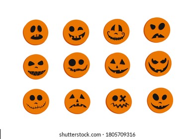 Set of round orange stickers with faces. Halloween pumpkins with different emotions joy, curiosity, fear, surprise, horror, fun, sadness, happiness. Cartoon oranges icons. Doodle style.