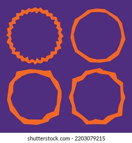 Set of round orange vector frames on a blue background. Curved line, zigzags, angular jagged sharp shapes. Frames with corners and bumps. Wavy edge. Halloween frame.