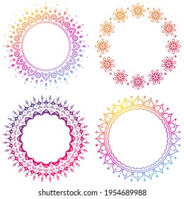 Set of round oriental mandala vector illustrations. Floral wreath ornament with gradient colors.