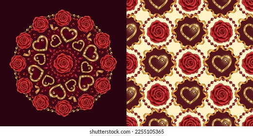 Set of round ornament, seamless geometric pattern for wedding, engagement event, Valentines Day, gift decoration. Roses, golden heart, ribbons, beads. Illustration in vintage style