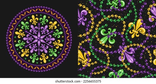 Set of round ornament, seamless pattern for Mardi gras carnival decoration. Fleur de lis, ribbons, string of beads, on dark textured background. For prints, clothing, t shirt, holiday goods, stuff