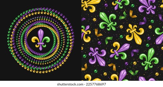 Set of round ornament, seamless pattern for Mardi gras carnival decoration. Fleur de lis, string of beads, confetti on dark background. For prints, clothing, t shirt, holiday goods, stuff