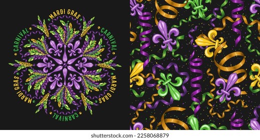 Set of round ornament, seamless pattern for Mardi gras carnival decoration. Fleur de lis, feathers, beads on dark background. For prints, clothing, t shirt, holiday goods, stuff. Vintage style