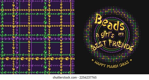 Set of round ornament, seamless tartan pattern for Mardi gras carnival decoration. String of green, yellow, purple beads, text on dark background. For prints, girls clothing, t shirt, holiday goods