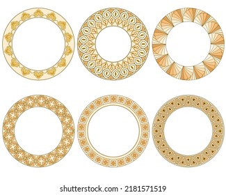 A set of round ornamental frames on a white background. Isolated decorative elements for design