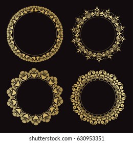 Set of round ornamental frames. Vintage gold frames on a black background.