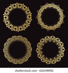 Set of round ornamental frames. Vintage gold frames on a black background.