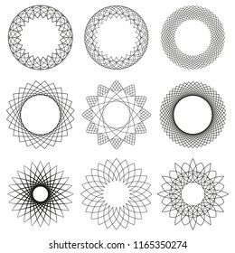 
Set of round ornaments. Border made of lines. Geometric pattern. Circle shapes. Design template for invitations and holiday cards.