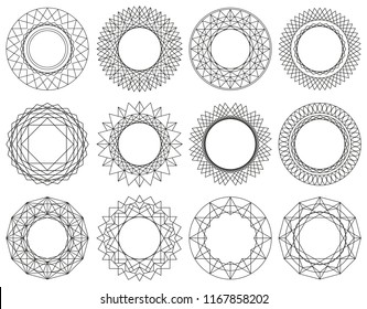 Set of round ornaments. Border made of lines. Geometric pattern. Circle shapes. Design template for invitations and holiday cards.