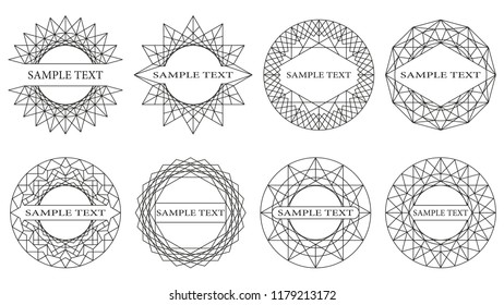 Set of round ornaments. Border made of lines. Geometric pattern. Circle shapes. Design frames for invitations and holiday cards.