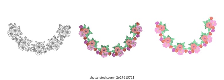 Set round ornaments flower on transparent background